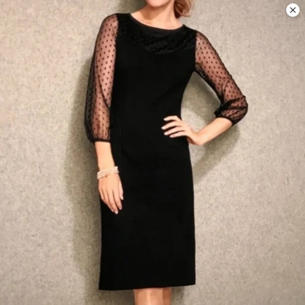 2/$30 Talbots Black Sheath Dress Sheer Polka Dot Mesh 3/4 Sleeve Sz.14WP #2257